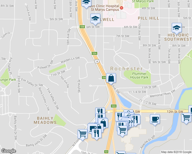 map of restaurants, bars, coffee shops, grocery stores, and more near 1432 Meadow Lane Southwest in Rochester