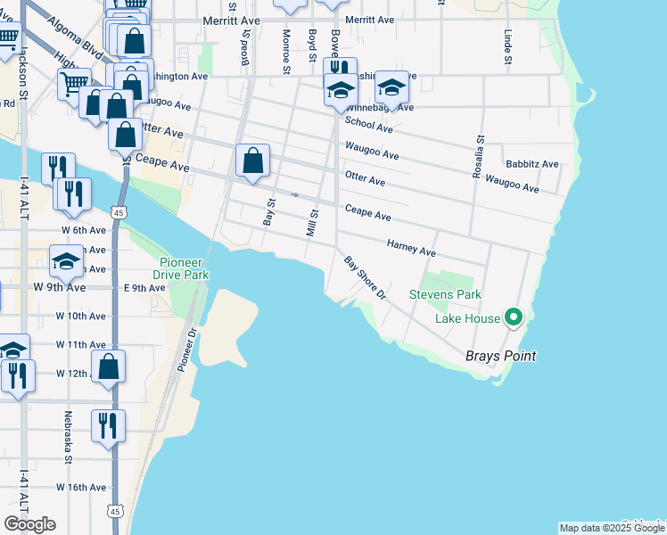 map of restaurants, bars, coffee shops, grocery stores, and more near 30 Bowen Street in Oshkosh