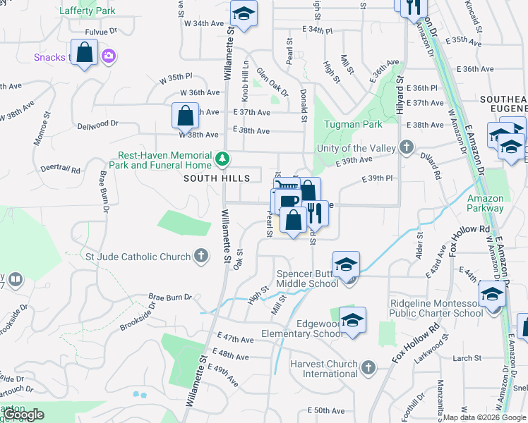 map of restaurants, bars, coffee shops, grocery stores, and more near 4020 Pearl Street in Eugene