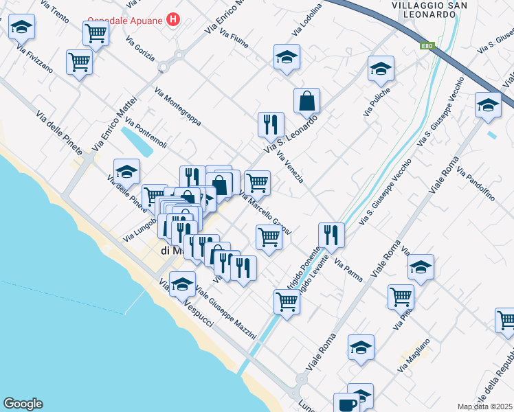 map of restaurants, bars, coffee shops, grocery stores, and more near 53 Via Marcello Garosi in Marina di Massa