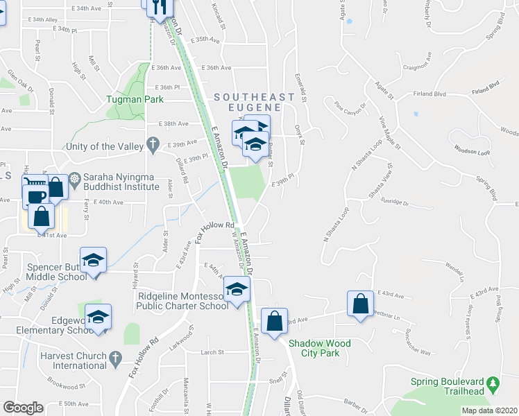 map of restaurants, bars, coffee shops, grocery stores, and more near 4098 Potter Street in Eugene