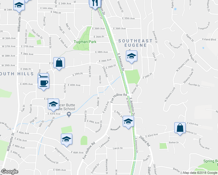 map of restaurants, bars, coffee shops, grocery stores, and more near 897 Foxglenn Avenue in Eugene