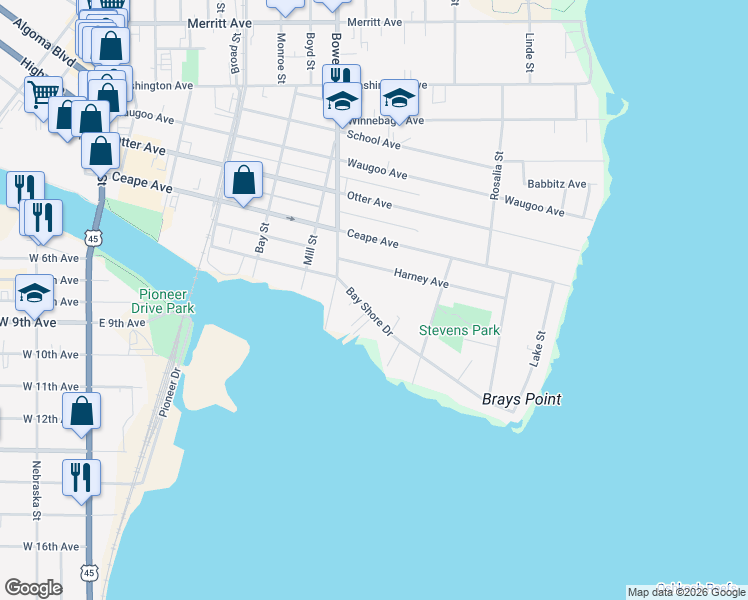 map of restaurants, bars, coffee shops, grocery stores, and more near 927 Harney Avenue in Oshkosh
