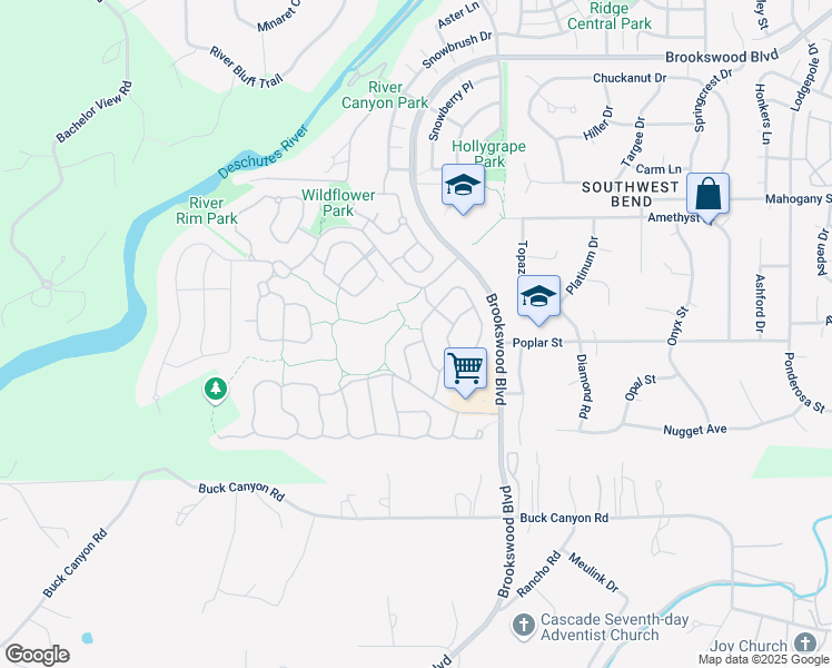 map of restaurants, bars, coffee shops, grocery stores, and more near 60959 Woods Valley Place in Bend
