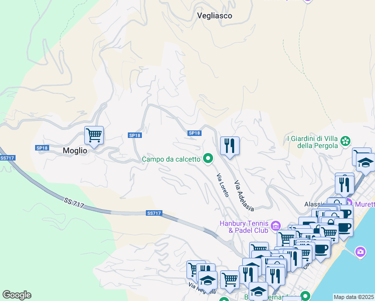 map of restaurants, bars, coffee shops, grocery stores, and more near 25 Via Loreto Alta in Alassio
