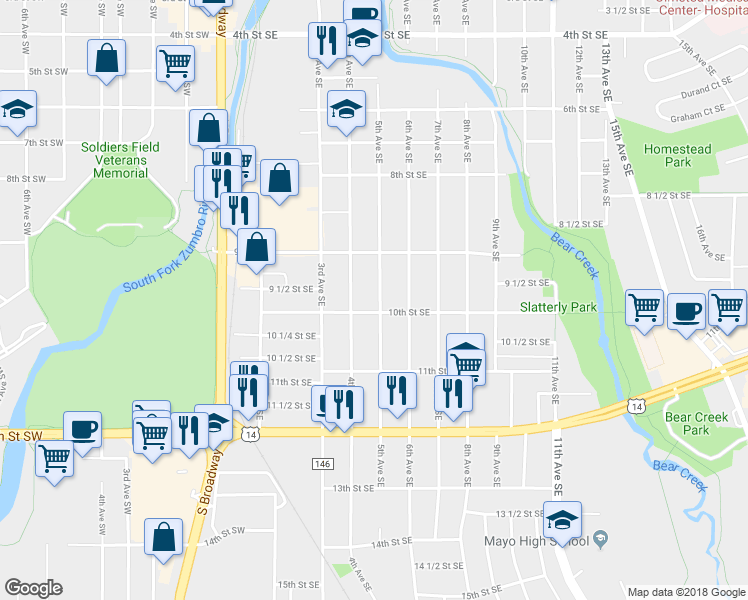 map of restaurants, bars, coffee shops, grocery stores, and more near 945 5th Avenue Southeast in Rochester