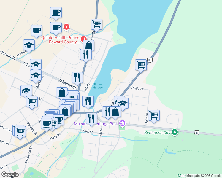 map of restaurants, bars, coffee shops, grocery stores, and more near 101 Villeneuve Drive in Prince Edward County