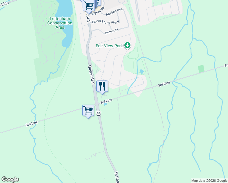 map of restaurants, bars, coffee shops, grocery stores, and more near 50 Brandon Crescent in New Tecumseth