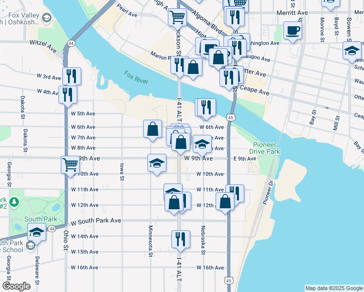 map of restaurants, bars, coffee shops, grocery stores, and more near 716 Oregon Street in Oshkosh