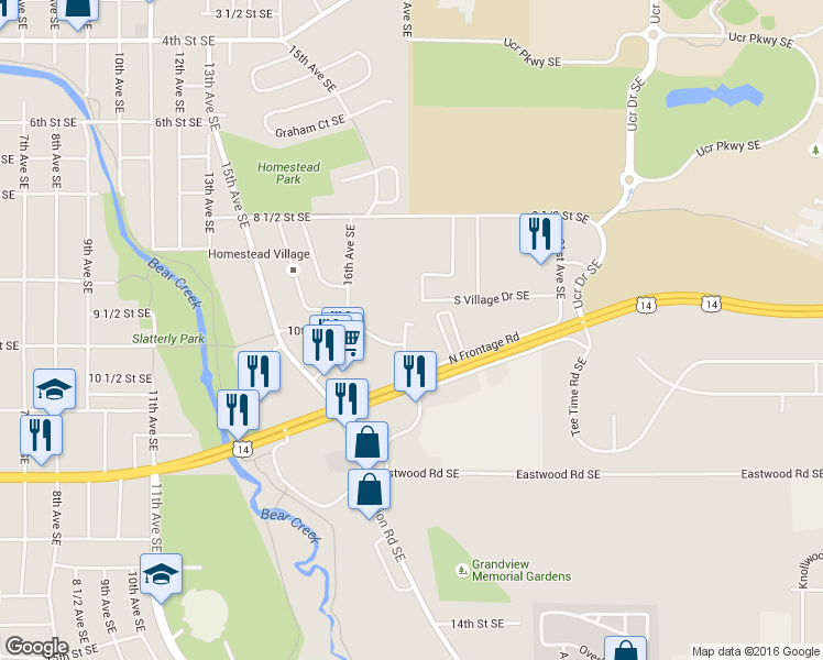map of restaurants, bars, coffee shops, grocery stores, and more near 1701 10th Street Southeast in Rochester