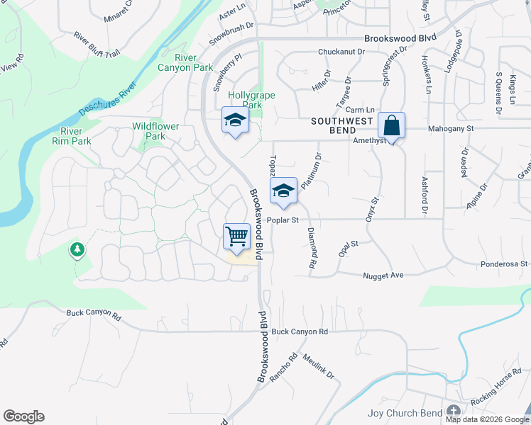 map of restaurants, bars, coffee shops, grocery stores, and more near 19610 Poplar Street in Bend