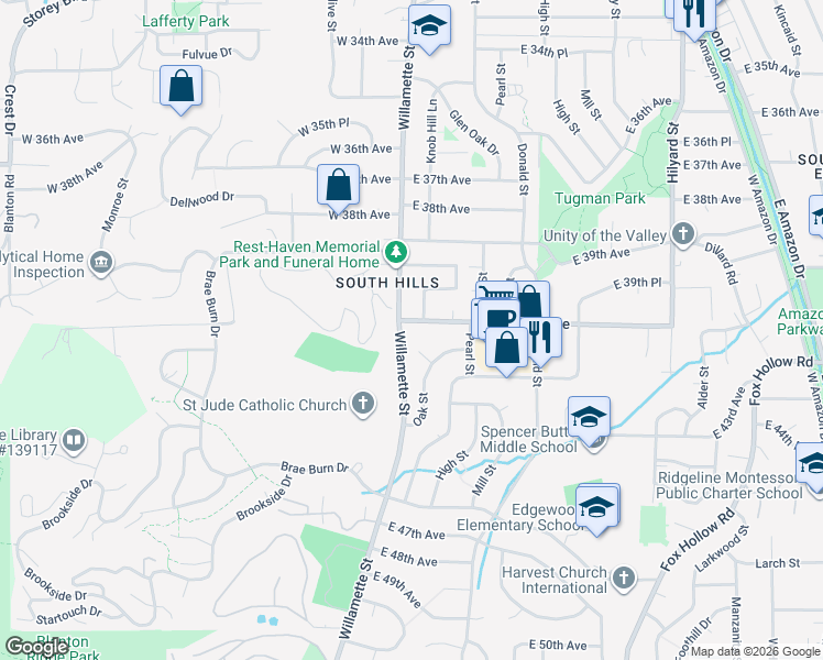 map of restaurants, bars, coffee shops, grocery stores, and more near 3991 Oak Street in Eugene