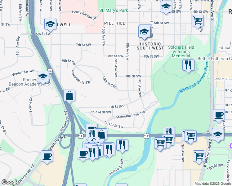 map of restaurants, bars, coffee shops, grocery stores, and more near 836 10th Street Southwest in Rochester