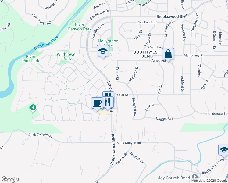 map of restaurants, bars, coffee shops, grocery stores, and more near 19610 Poplar Street in Bend