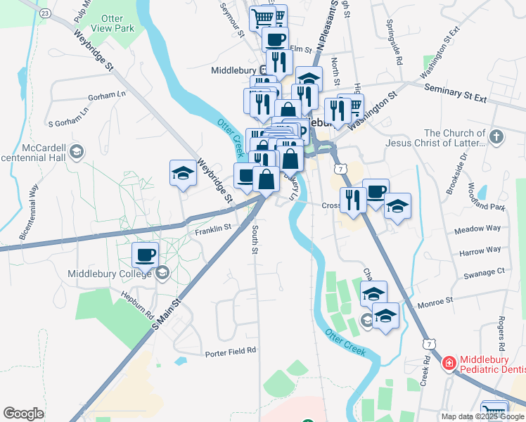 map of restaurants, bars, coffee shops, grocery stores, and more near 93 Main Street in Middlebury