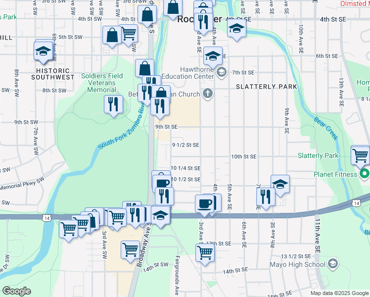 map of restaurants, bars, coffee shops, grocery stores, and more near 212 9 1/2 Street Southeast in Rochester