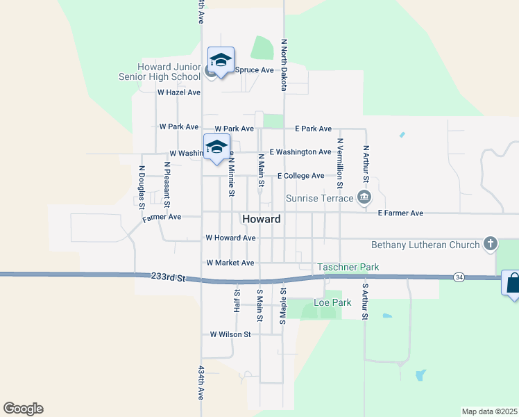 map of restaurants, bars, coffee shops, grocery stores, and more near 109 North Main Street in Howard