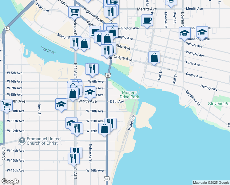 map of restaurants, bars, coffee shops, grocery stores, and more near 43 East 7th Avenue in Oshkosh