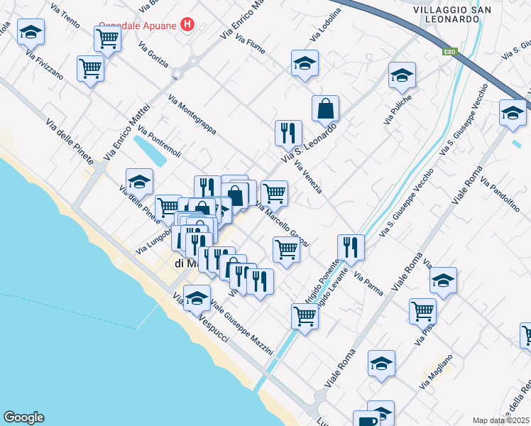 map of restaurants, bars, coffee shops, grocery stores, and more near 53 Via Marcello Garosi in Massa