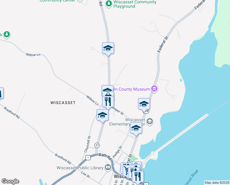 map of restaurants, bars, coffee shops, grocery stores, and more near 22 Langdon Road in Wiscasset
