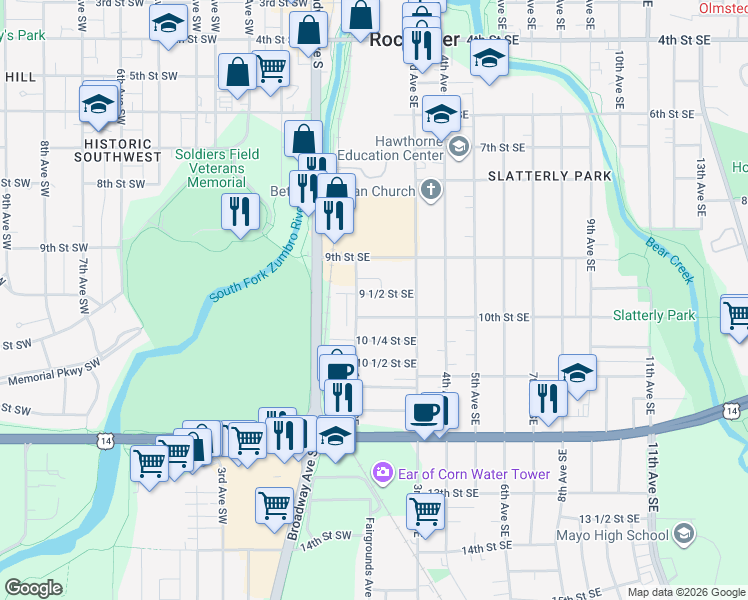 map of restaurants, bars, coffee shops, grocery stores, and more near 212 9 1/2 Street Southeast in Rochester
