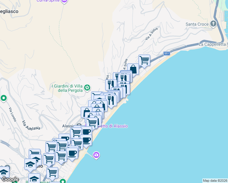 map of restaurants, bars, coffee shops, grocery stores, and more near 107 Viale Daniel Hanbury in Alassio