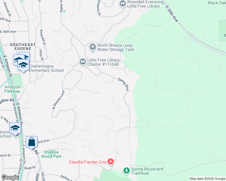 map of restaurants, bars, coffee shops, grocery stores, and more near 4010 Spring Knoll Drive in Eugene