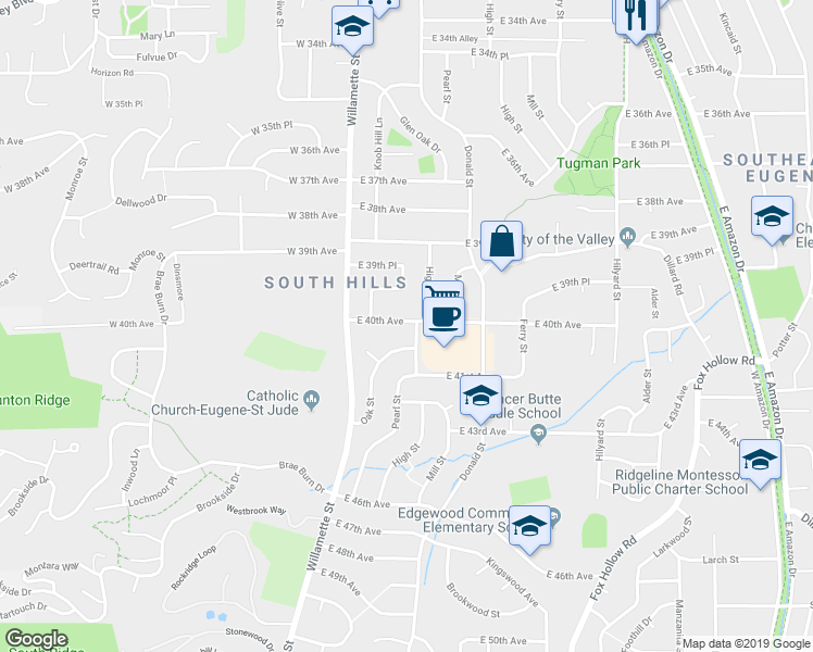 map of restaurants, bars, coffee shops, grocery stores, and more near 195 East 40th Avenue in Eugene