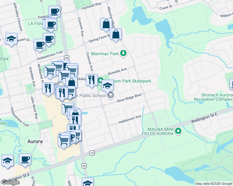 map of restaurants, bars, coffee shops, grocery stores, and more near 2 Gundy Way in Aurora