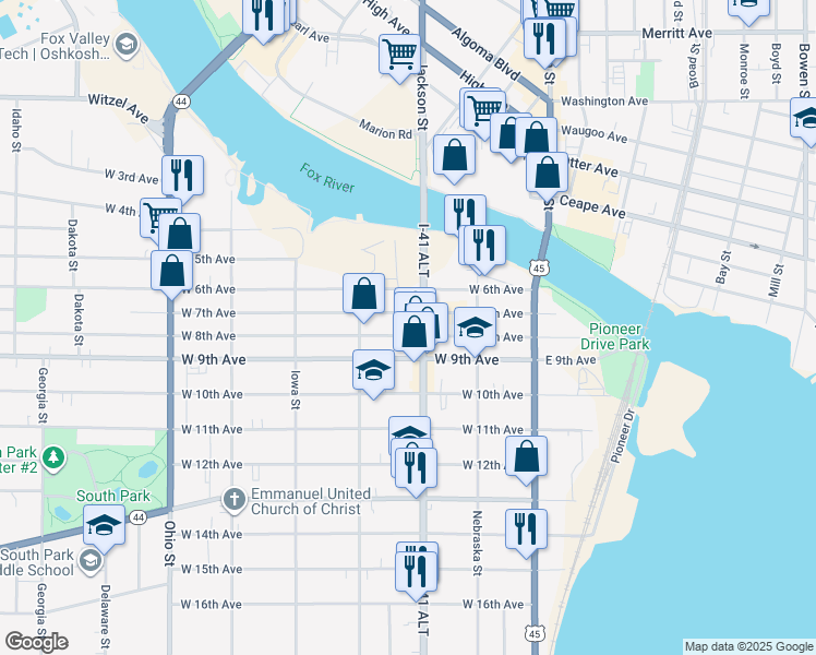 map of restaurants, bars, coffee shops, grocery stores, and more near 221 West 7th Avenue in Oshkosh