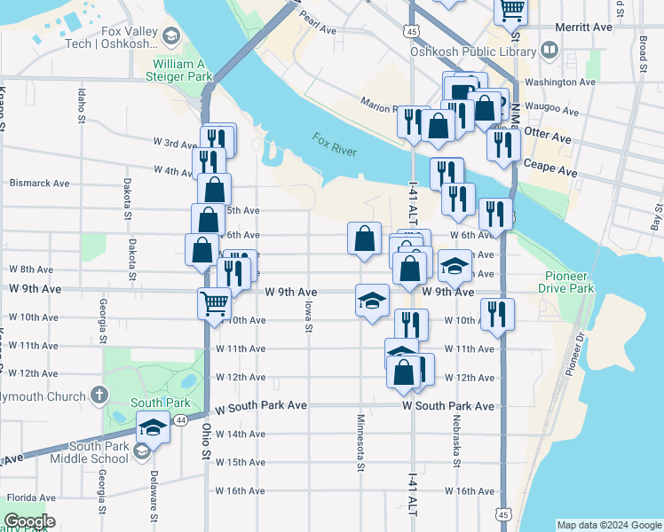 map of restaurants, bars, coffee shops, grocery stores, and more near 333 West 7th Avenue in Oshkosh