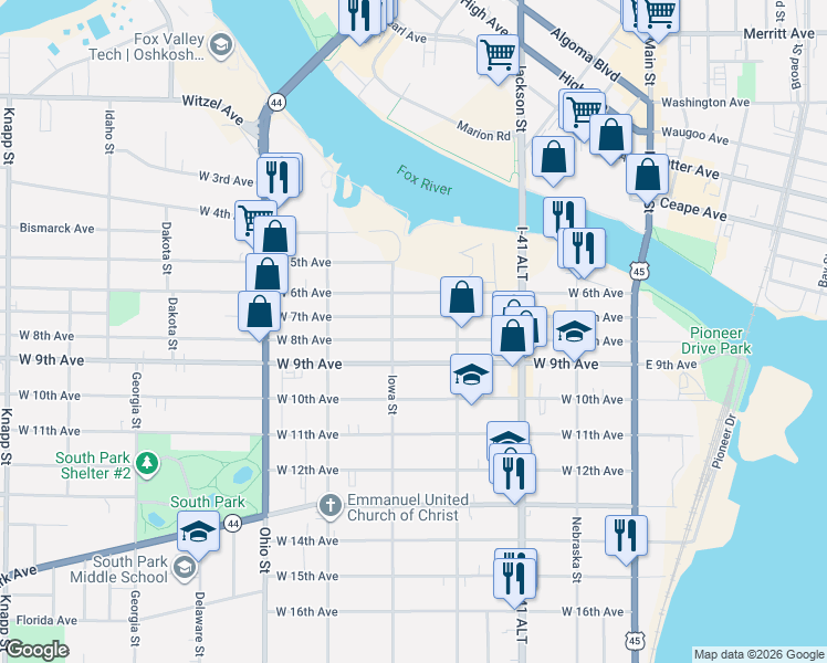 map of restaurants, bars, coffee shops, grocery stores, and more near 333 West 7th Avenue in Oshkosh