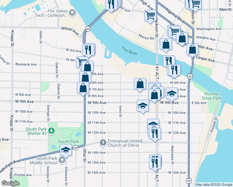 map of restaurants, bars, coffee shops, grocery stores, and more near 421 West 7th Avenue in Oshkosh