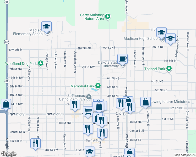 map of restaurants, bars, coffee shops, grocery stores, and more near 705 Egan Ave N in Madison