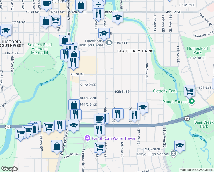 map of restaurants, bars, coffee shops, grocery stores, and more near 944 4th Avenue Southeast in Rochester