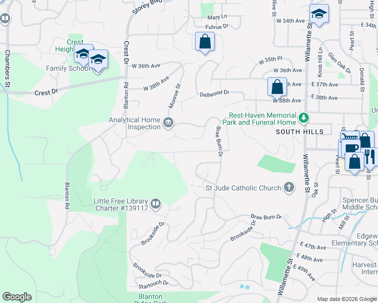 map of restaurants, bars, coffee shops, grocery stores, and more near West 40th Avenue in Eugene