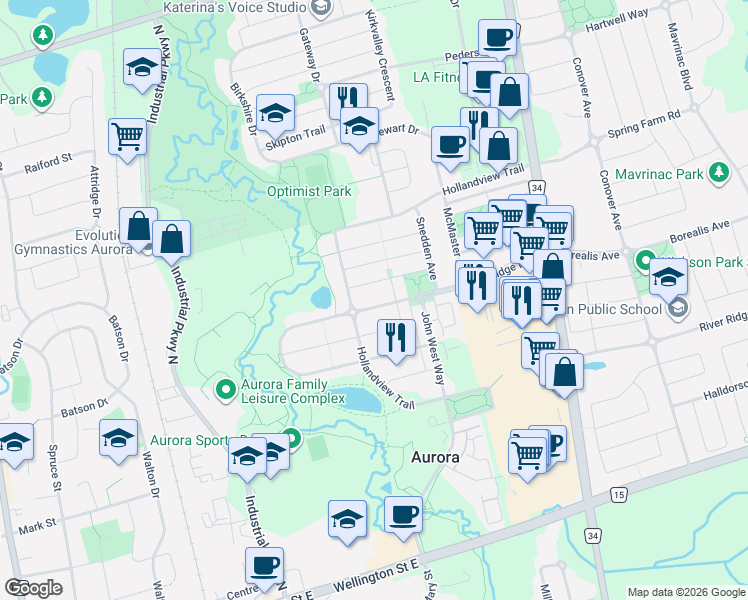 map of restaurants, bars, coffee shops, grocery stores, and more near 20 Hollidge Boulevard in Aurora
