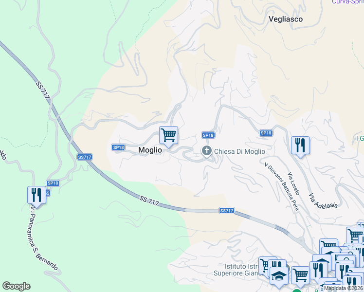 map of restaurants, bars, coffee shops, grocery stores, and more near 6 Via Filippo Airaldi in Moglio
