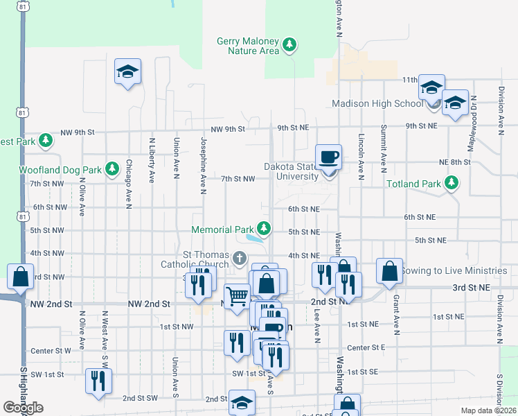 map of restaurants, bars, coffee shops, grocery stores, and more near 705 Egan Avenue North in Madison