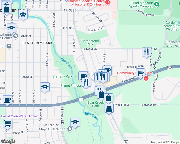 map of restaurants, bars, coffee shops, grocery stores, and more near 1503 10th Street Southeast in Rochester