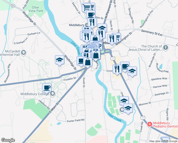 map of restaurants, bars, coffee shops, grocery stores, and more near 93 Main Street in Middlebury