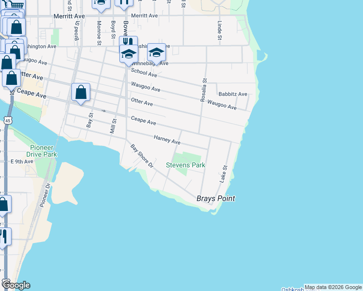 map of restaurants, bars, coffee shops, grocery stores, and more near 1213 Harney Avenue in Oshkosh