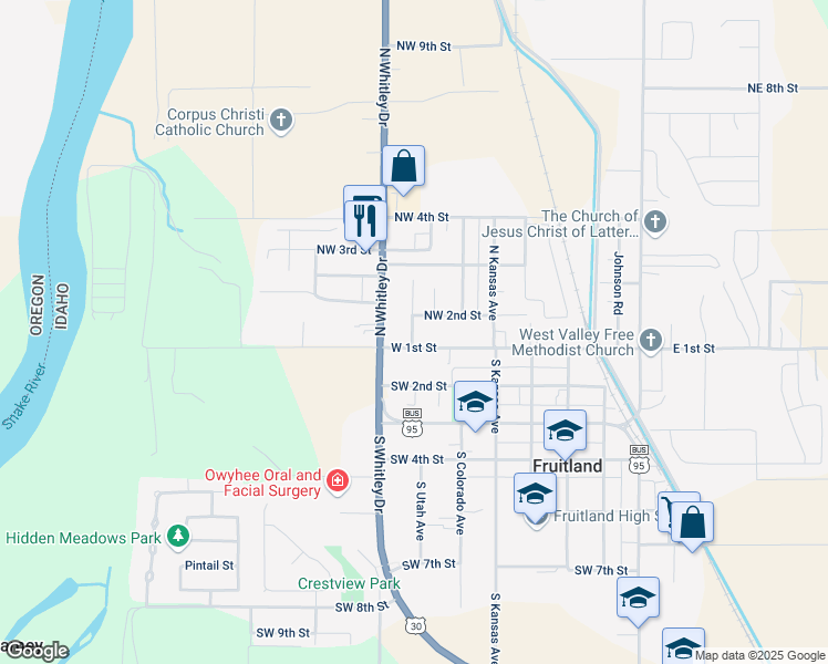 map of restaurants, bars, coffee shops, grocery stores, and more near 616 Northwest 2nd Street in Fruitland