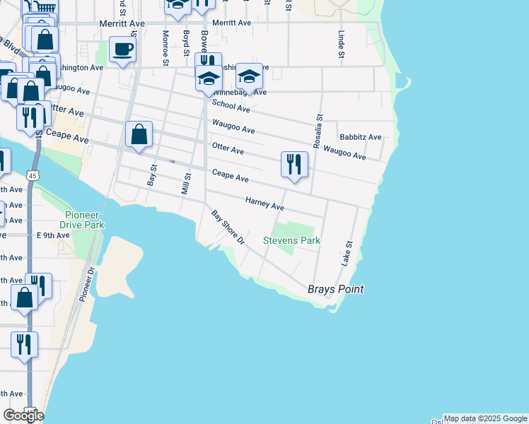 map of restaurants, bars, coffee shops, grocery stores, and more near 1107 Harney Avenue in Oshkosh