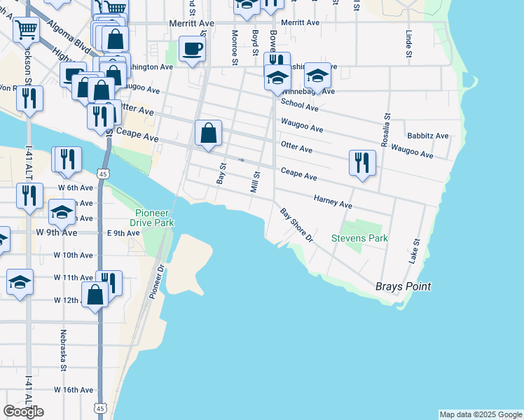 map of restaurants, bars, coffee shops, grocery stores, and more near 711 Bay Shore Drive in Oshkosh