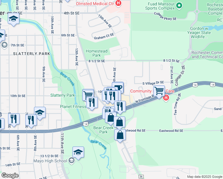 map of restaurants, bars, coffee shops, grocery stores, and more near 1525 10th Street Southeast in Rochester