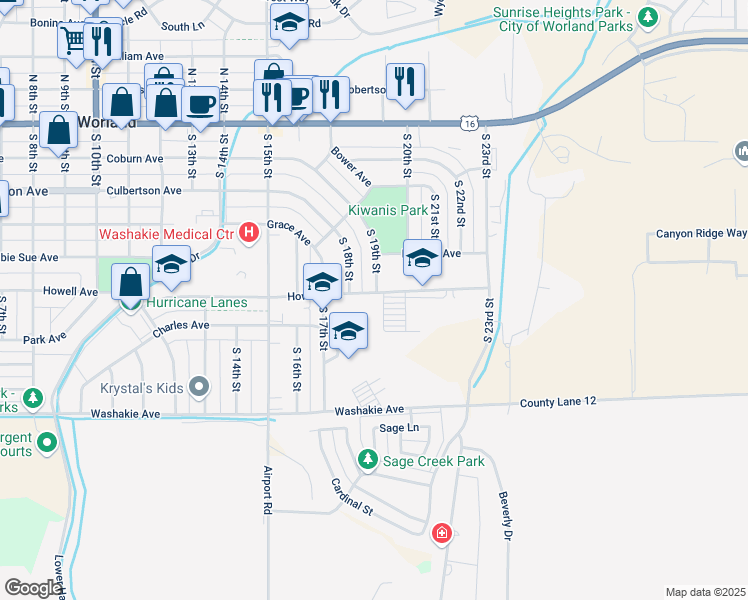 map of restaurants, bars, coffee shops, grocery stores, and more near 1900 Howell Avenue in Worland