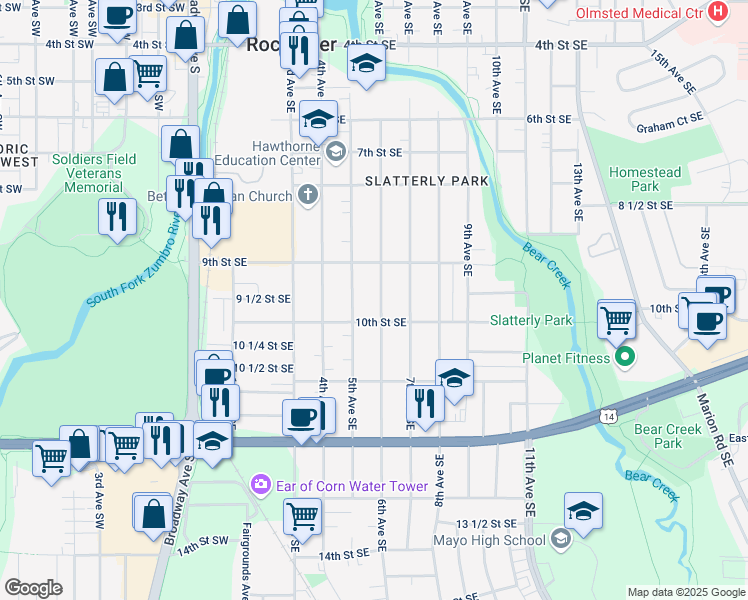 map of restaurants, bars, coffee shops, grocery stores, and more near 937 6th Avenue Southeast in Rochester