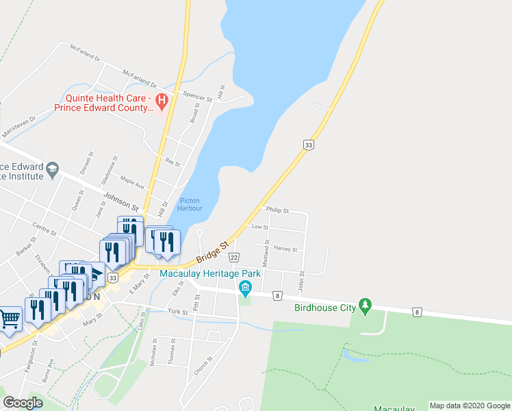 map of restaurants, bars, coffee shops, grocery stores, and more near 95 Bridge Street in Prince Edward