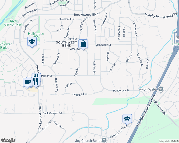 map of restaurants, bars, coffee shops, grocery stores, and more near 60898 Amethyst Street in Bend